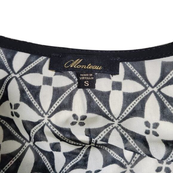 Monteau Black White Geometric Fringe Lace Up Blouse Top‎ Size S - Picture 3 of 5